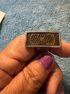 Rectangular Brown Leather Inlay Ring with Silver Frame